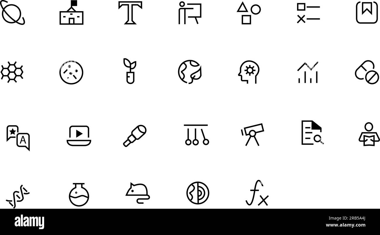 Symbolsatz für Schule und Bildung. Symbolsammlung der Modellstruktur. Bearbeitbare Kontur. Stock Vektor