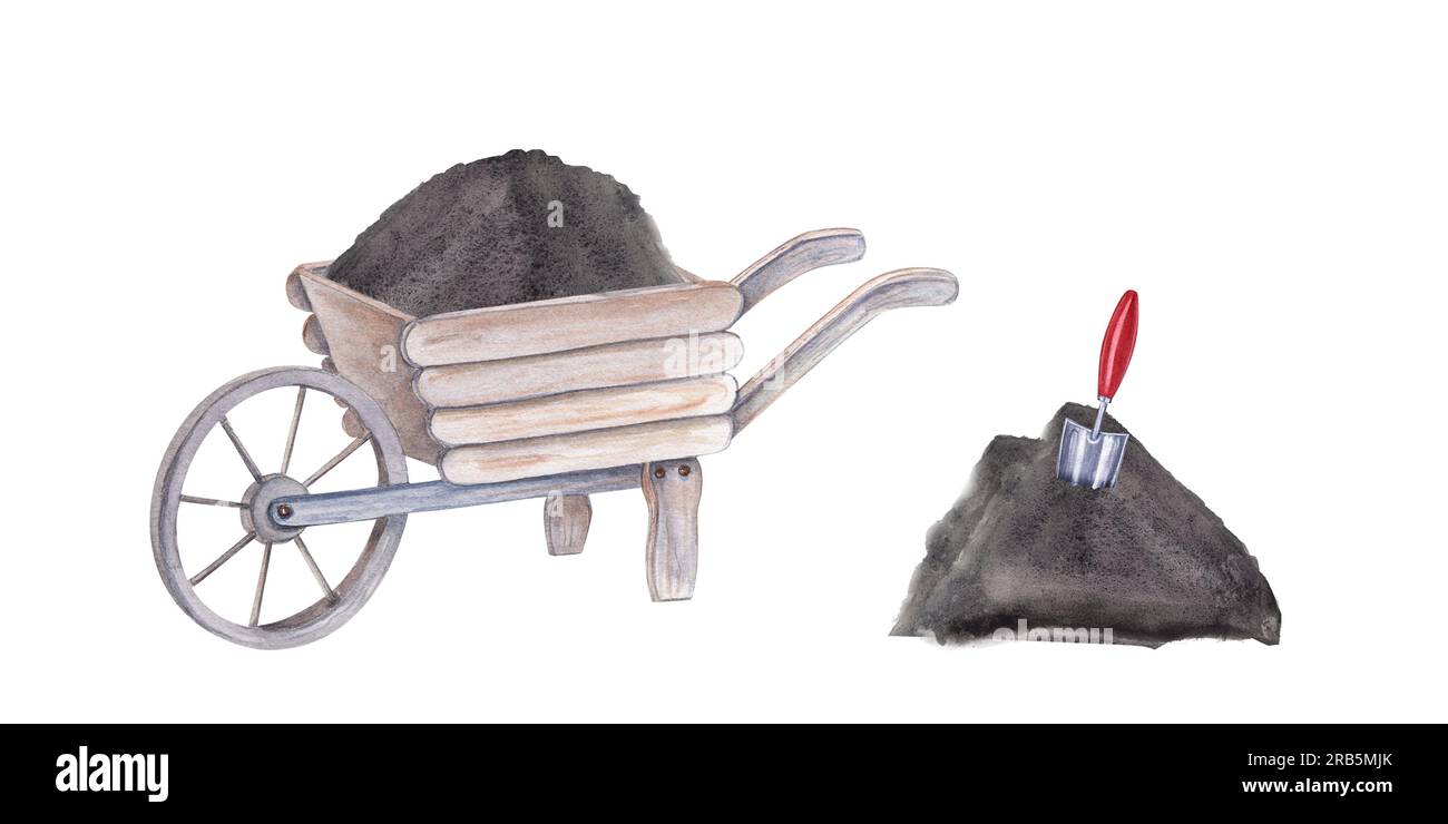 Gartenholzkarre gefüllt mit Erde und Schaufel in Torf. Aquarelldarstellung isoliert auf weißem Hintergrund. Für die Konstruktion festgelegt Stockfoto
