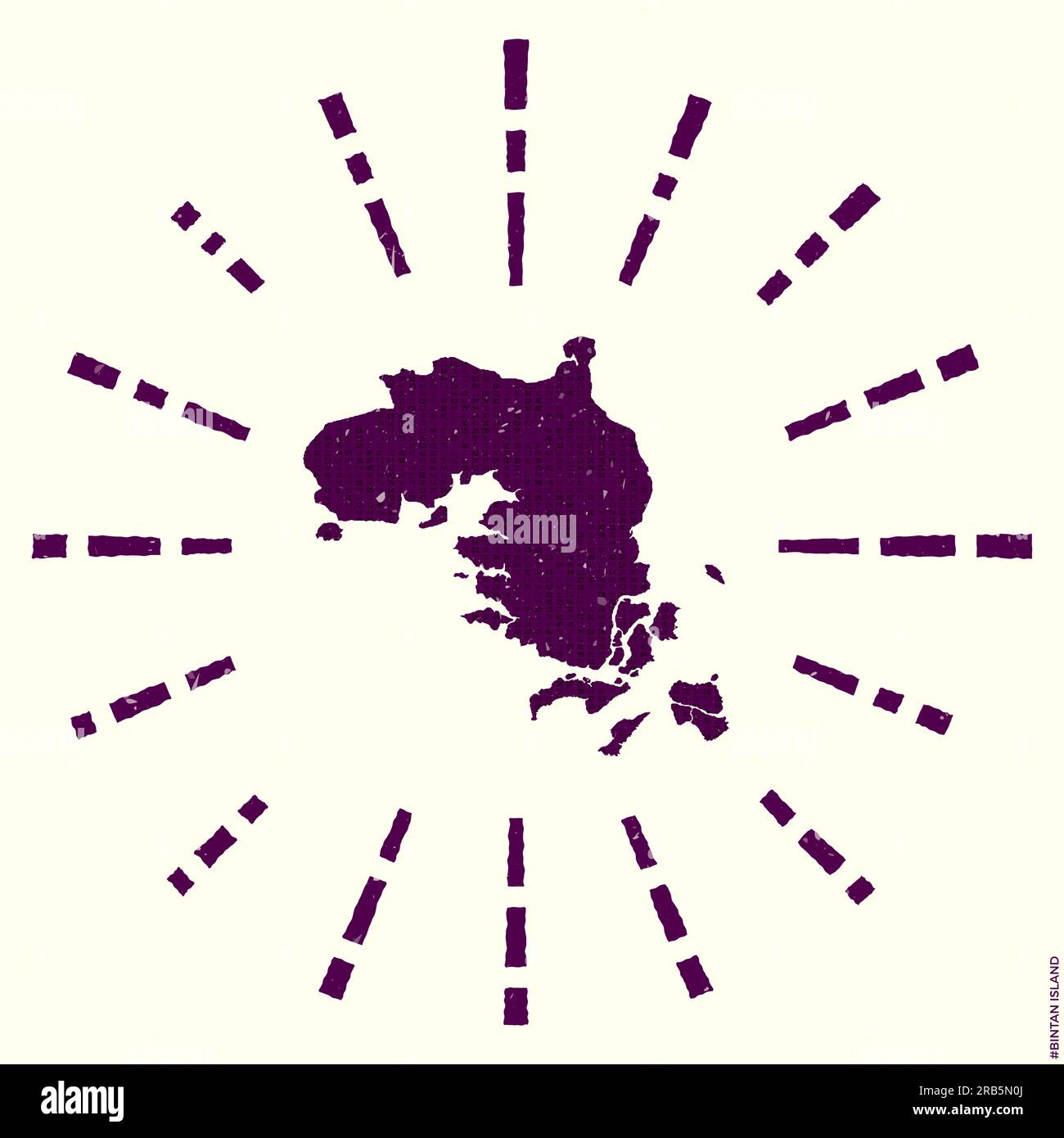 Bintan Island Logo. Poster „Grunge Sunburst“ mit Grenzkarte. Die Form der Insel Bintan ist mit Hexenzähnen gefüllt, die von Sonnenstrahlen umgeben sind. Stilvoller Vektor Stock Vektor