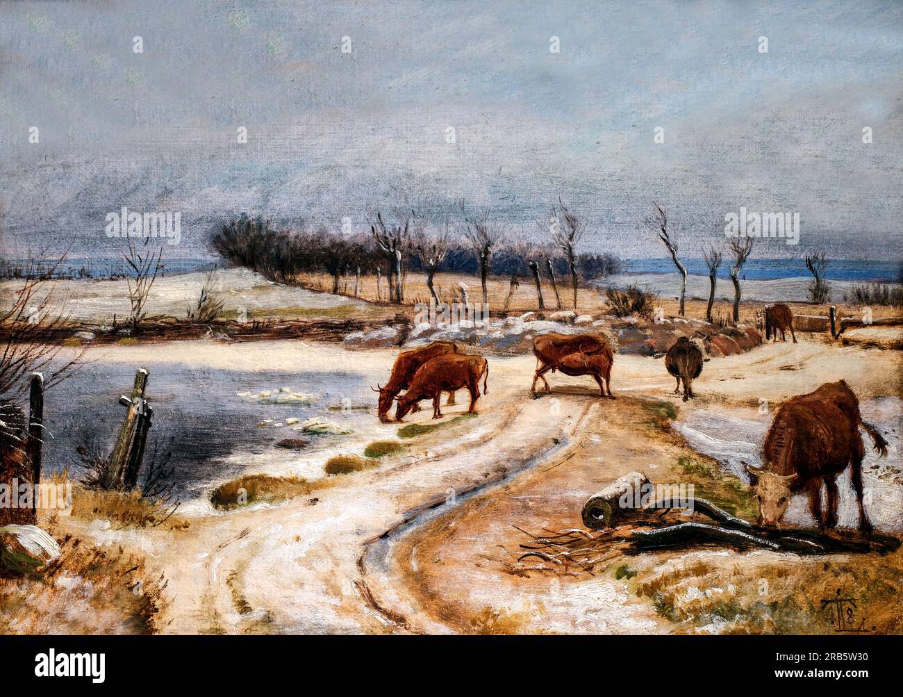 Die Jungrinder werden an einem Wintertag von Johan Thomas Lundbye bewässert Stockfoto