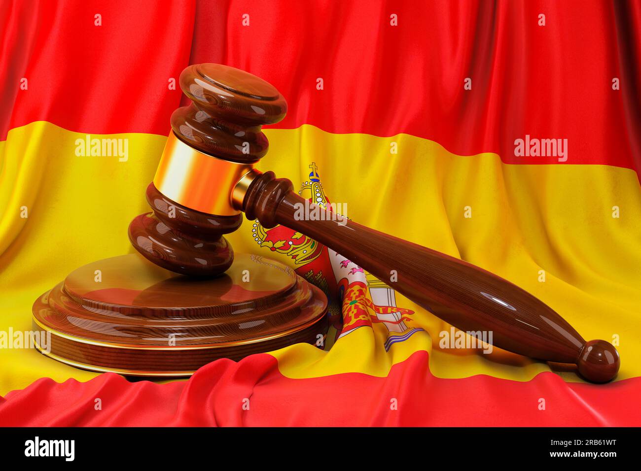 Spanisches Recht und Rechtsbegriff. Holzhammer auf der Flagge Spaniens, 3D-Rendering Stockfoto