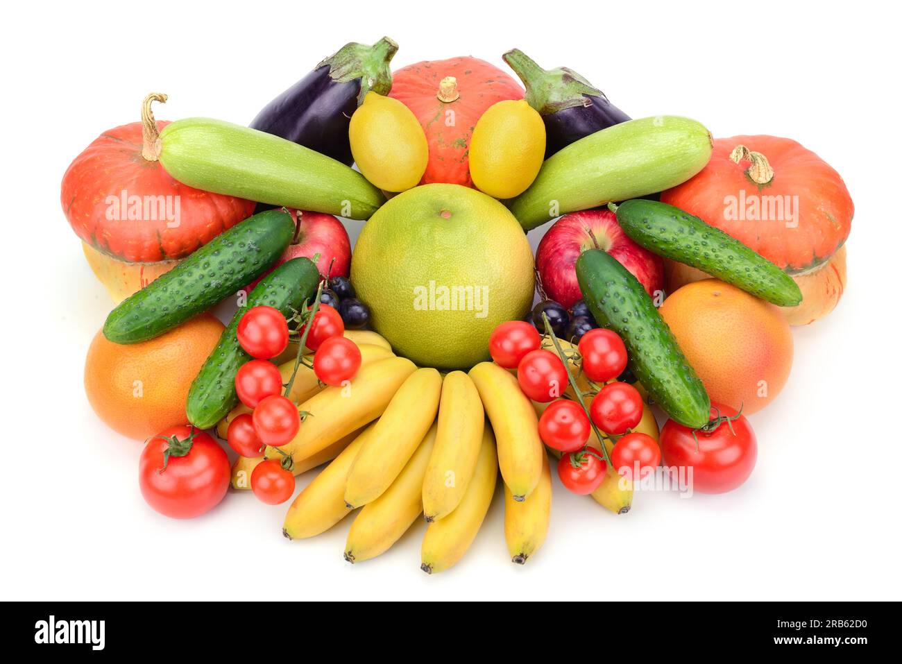 frisches Obst und Gemüse isoliert auf weißem Hintergrund Stockfoto