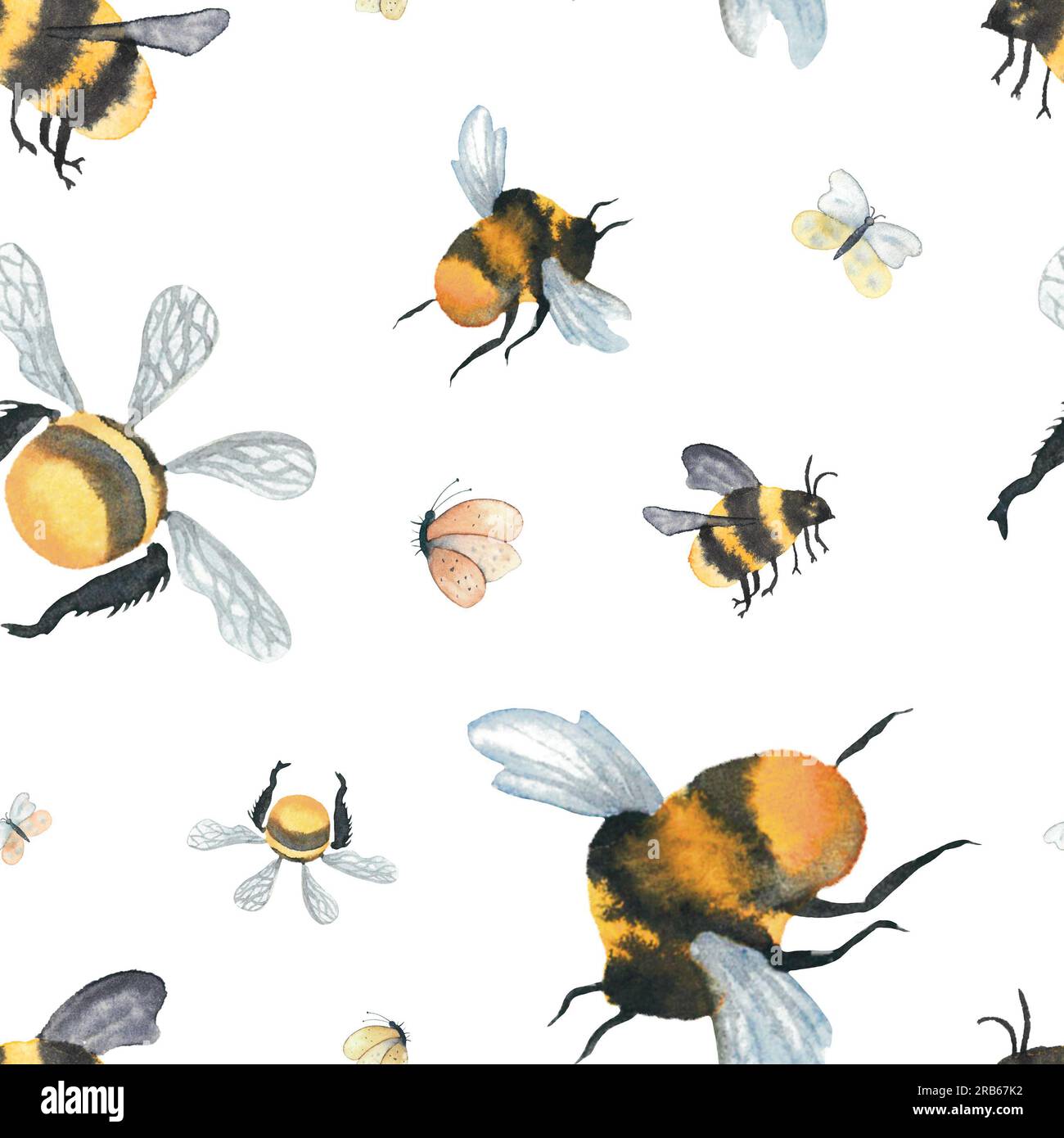 Nahtloses Muster aus wasserfarbener Hummel mit Schmetterling. Isolierte handgezeichnete Illustration auf weißem Hintergrund für Geschenkpapier, Textil, Tapete Stockfoto
