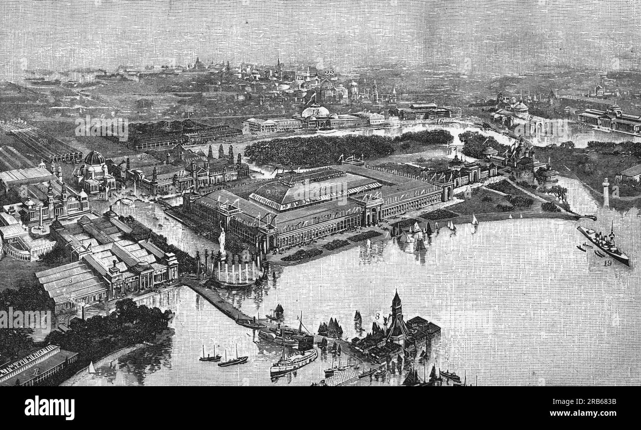 Eine Luftaufnahme der Ausstellung im Jackson Park in einem Druck von F.A. Brockhaus - Weltausstellung in Chicago, 1893 Stockfoto