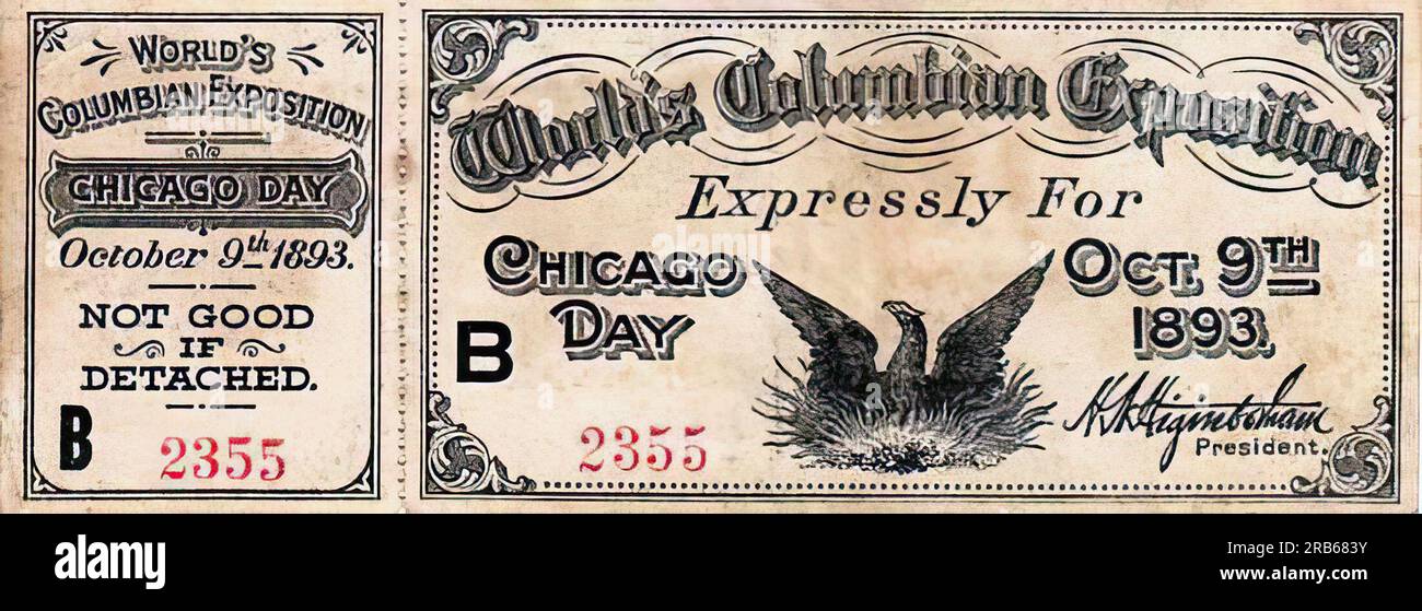 Ticket für den Chicago Day bei der 1893 World's Columbian Exposition of 1893 Stockfoto