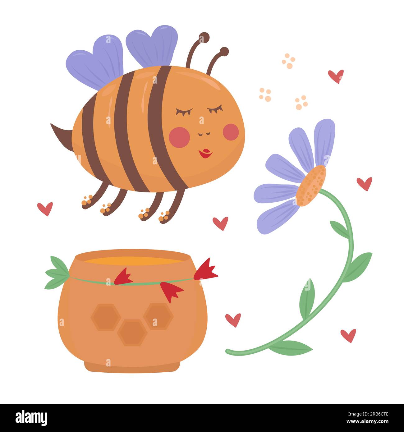Süße Biene, blaue Blume und Glas Honig, farbenfrohe Illustration Stock Vektor