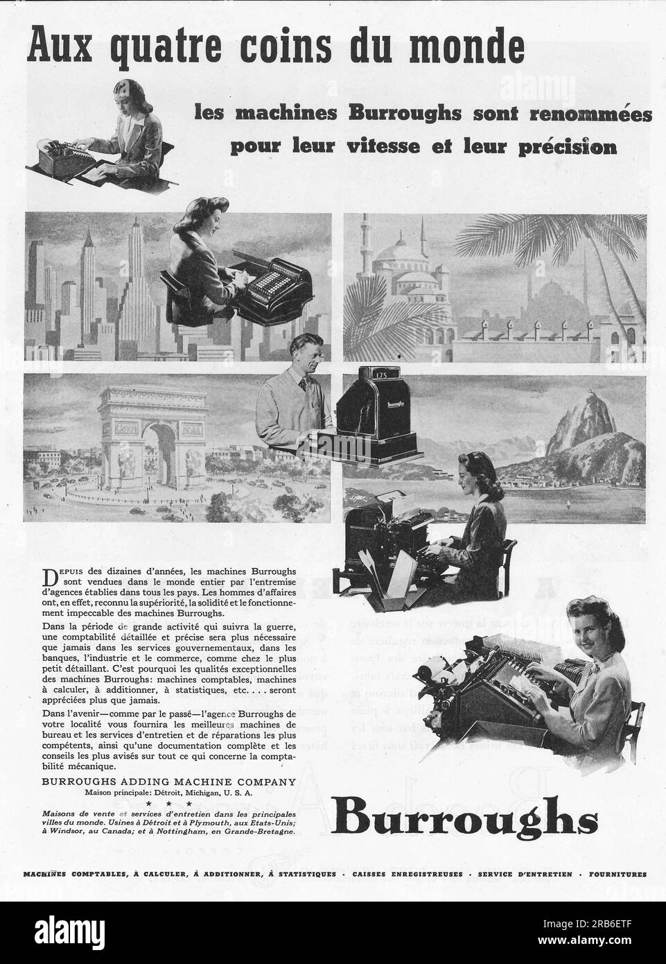 Burroughs Buchhaltungs- und Rechenmaschinen, Werbung in einem französischen Magazin 1946 Stockfoto