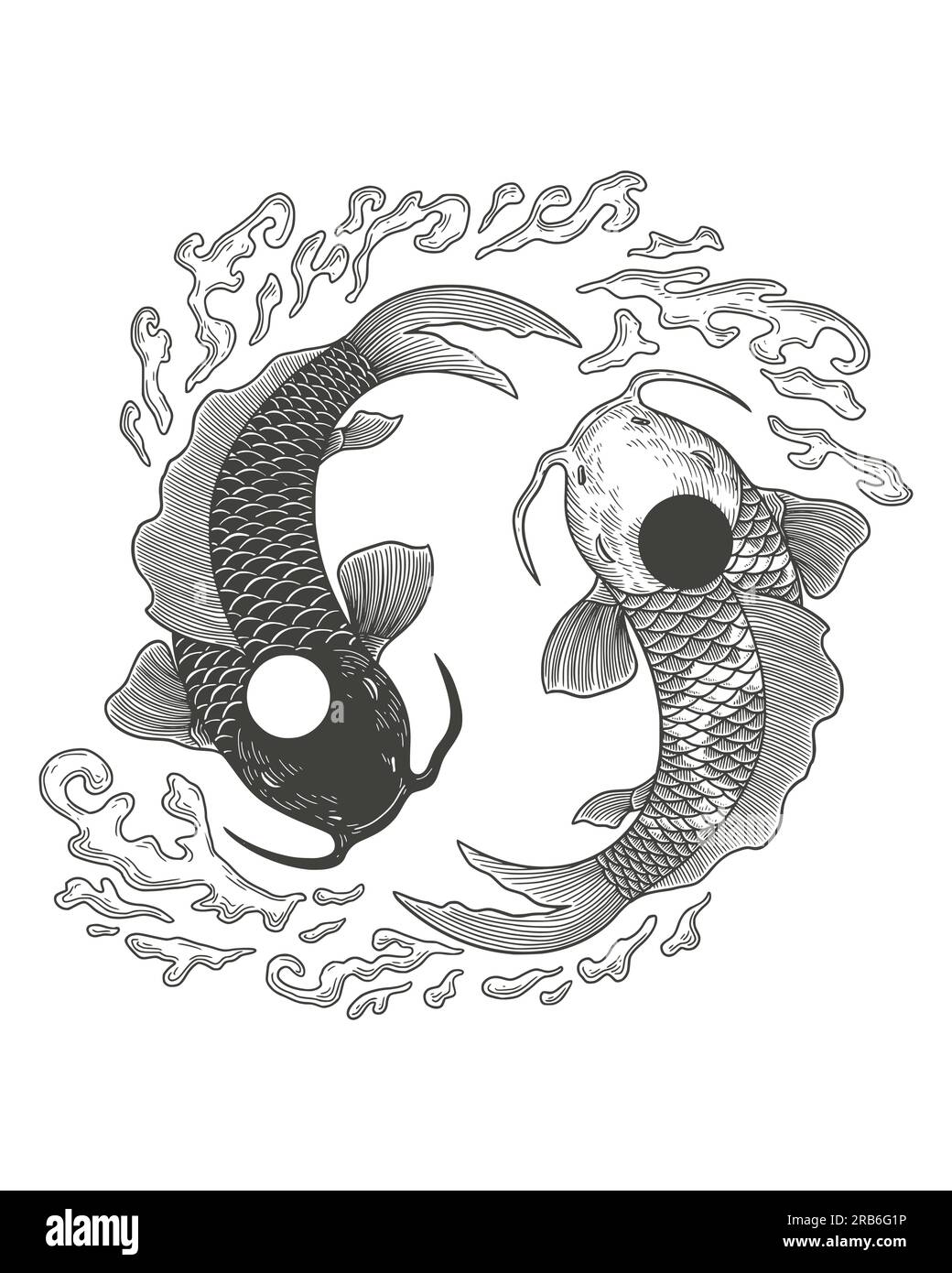 Zwei Koi-Karpfenfische im Kreis des Yin-Yang-Symbols. Vektorgravierung im Vintage-Stil Stock Vektor