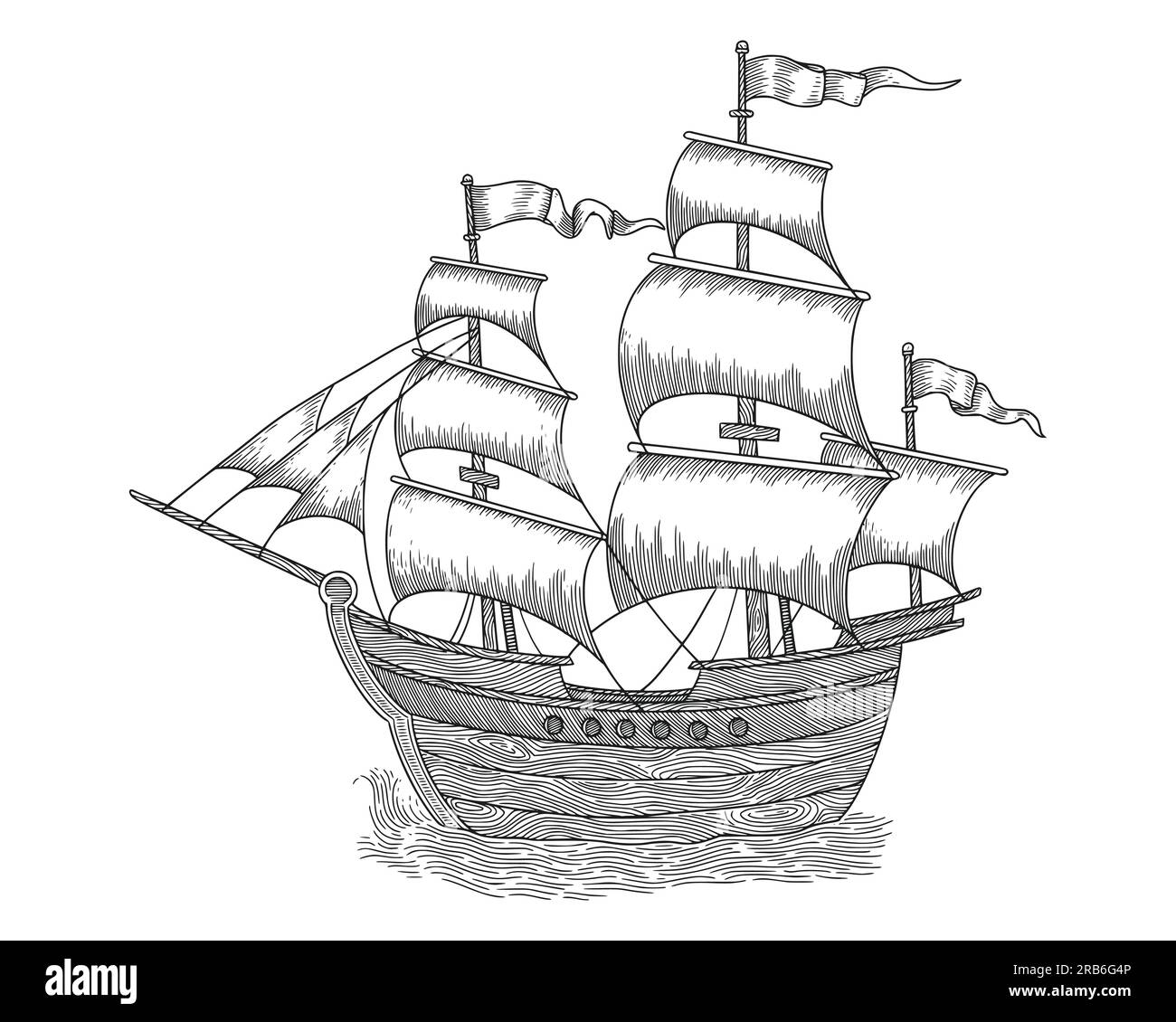 Altes Segelschiff isoliert auf weißem Hintergrund. Mit Gravur Stock Vektor
