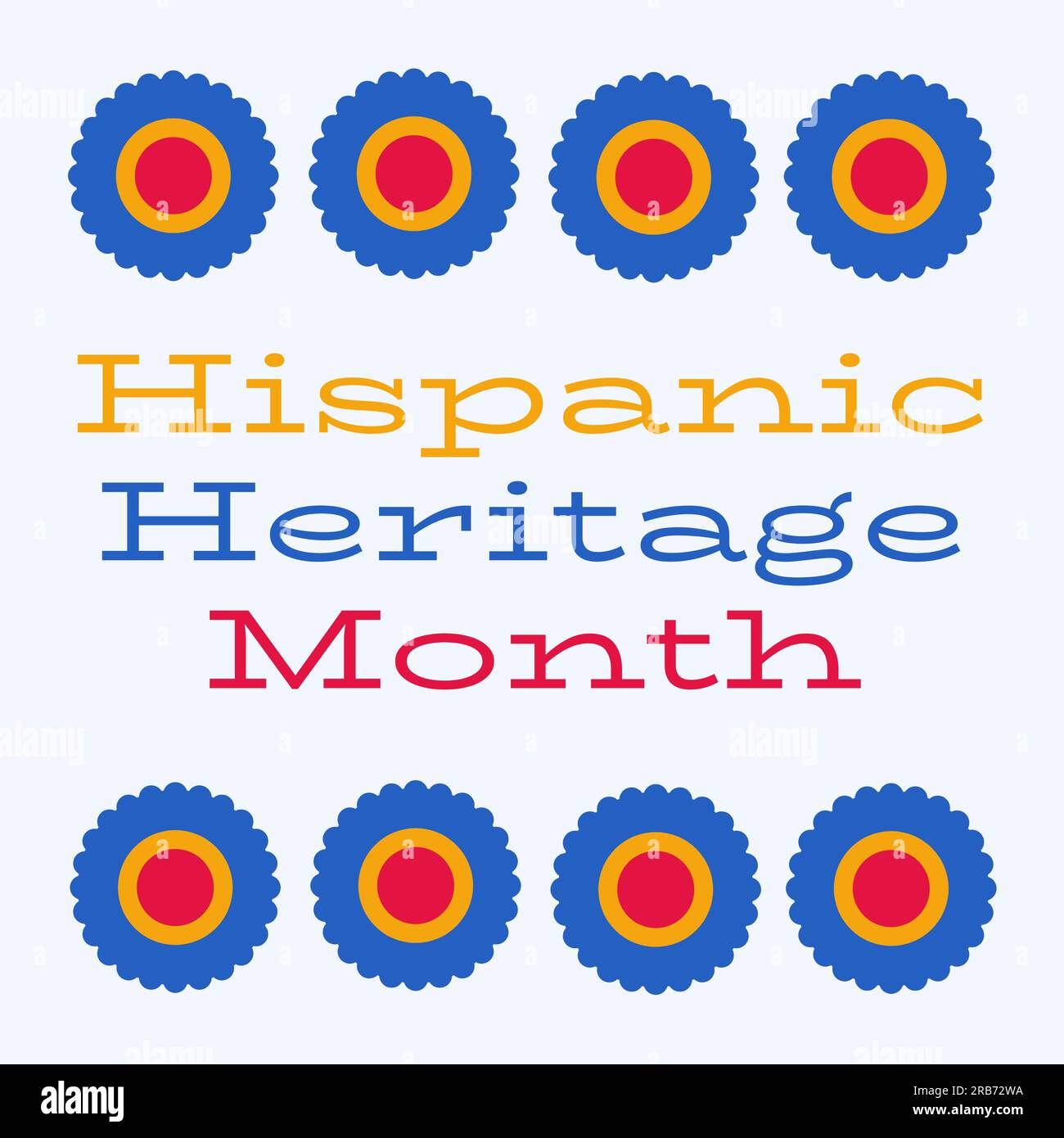 Text für den Monat des hispanischen Kulturerbes mit gelben, blauen und roten Rundungen auf weißem Hintergrund Stockfoto