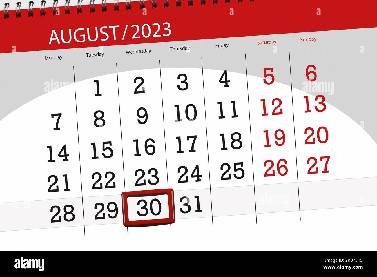 Kalender 2023, Frist, Tag, Monat, Seite, Organisator, Datum, August, mittwoch, Nummer 30. Stockfoto