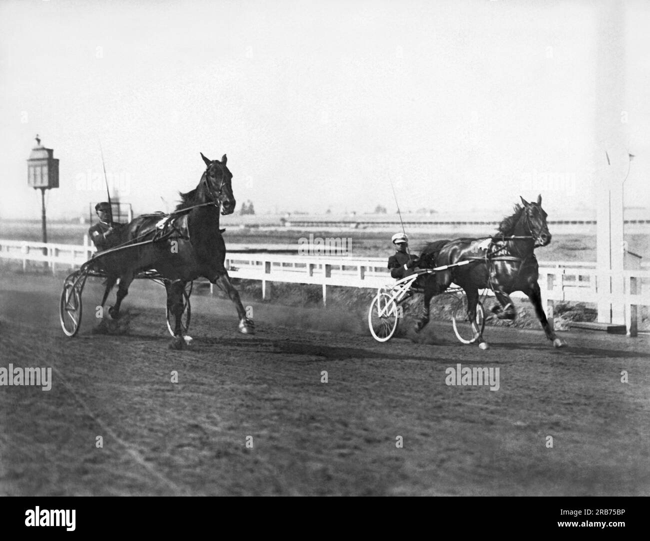 Vereinigte Staaten: c. 1910 zwei Hackney-Pferderennfahrer auf einer Rennstrecke Stockfoto