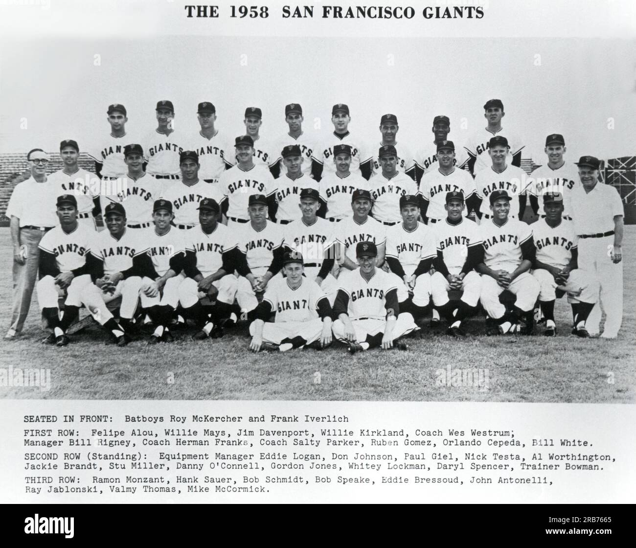 San Francisco, Kalifornien. 1958 die neuen San Francisco Giants posieren für ihr erstes Teamporträt im Seals Stadium, nachdem sie von Brooklyn durchs Land gezogen sind. Stockfoto