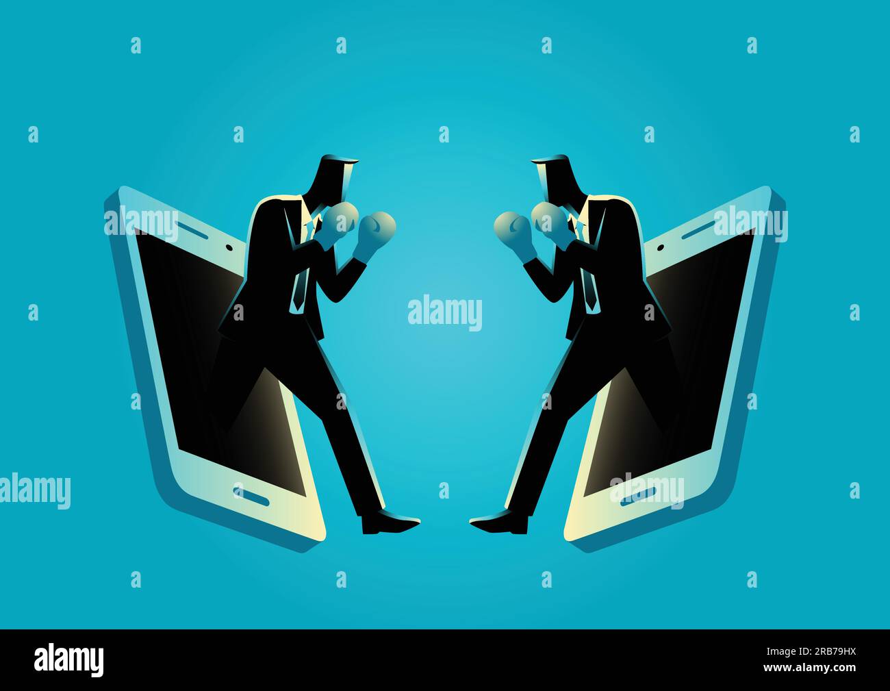 Geschäftsmann Konzept Illustration von Geschäftsleuten mit Boxhandschuhen kommt aus Handy bereit zu kämpfen Stock Vektor