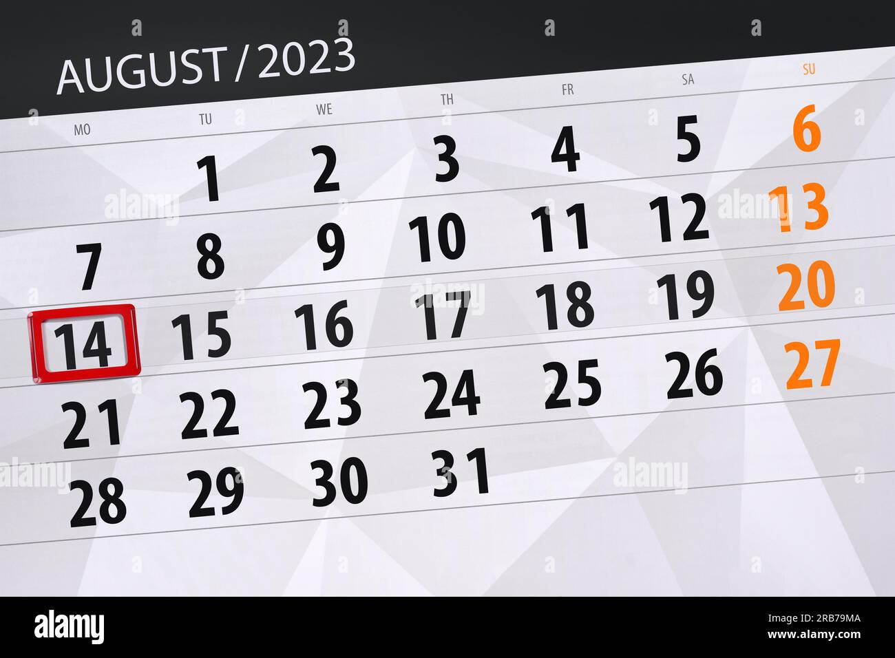 Kalender 2023, Frist, Tag, Monat, Seite, Organisator, Datum, August, montag, Nummer 14. Stockfoto