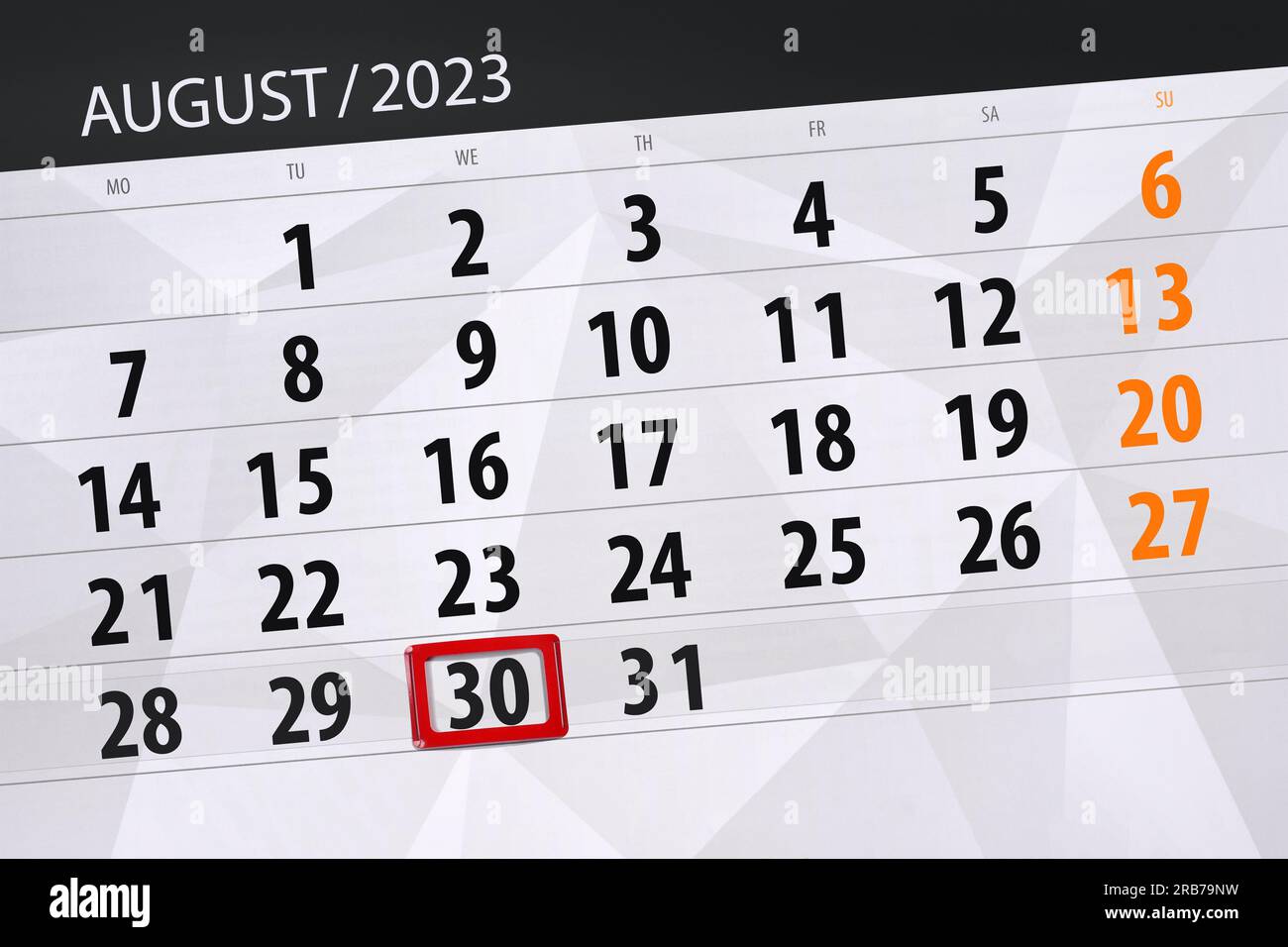 Kalender 2023, Frist, Tag, Monat, Seite, Organisator, Datum, August, mittwoch, Nummer 30. Stockfoto