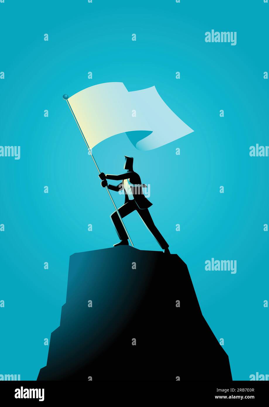Geschäftskonzept Illustration eines Geschäftsmanns mit einer Flagge auf dem Felsen Stock Vektor