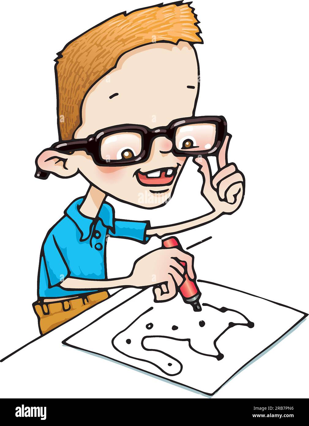 Ein Kunstjunge, der einen Stift hält, mit einem Join-the-Dots-Puzzle spielt, Gleichheitsillustrierung, Kinderentwicklung, Schreib- und Zeichenlernen, Entwicklungsstadien Stockfoto