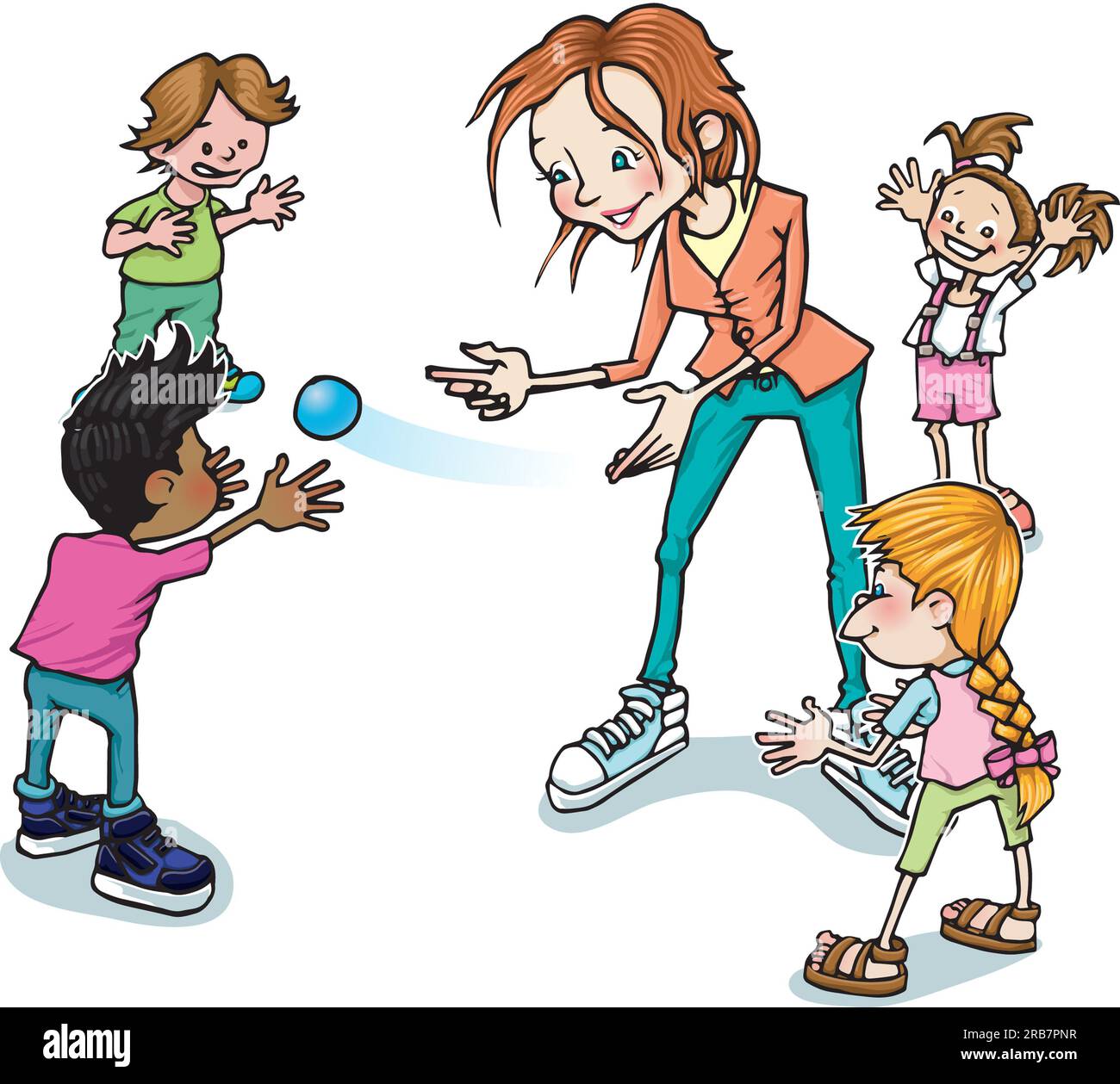 Kunstlehrerin/Betreuerin oder Elternmutter, die mit einer Gruppe kleiner Jungen und Mädchen Ball fängt, aktiv bleibt, Hand-Augen-Koordination, Bildung. Stockfoto