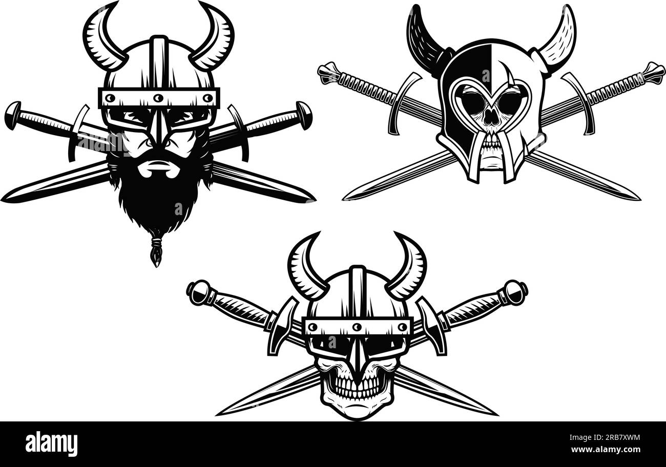 Ein Satz Schwarz-Weiß-Illustrationen eines wikingerhelms mit gekreuzten Schwertern. Helm mit Schwertern. Konstruktionselement Stock Vektor