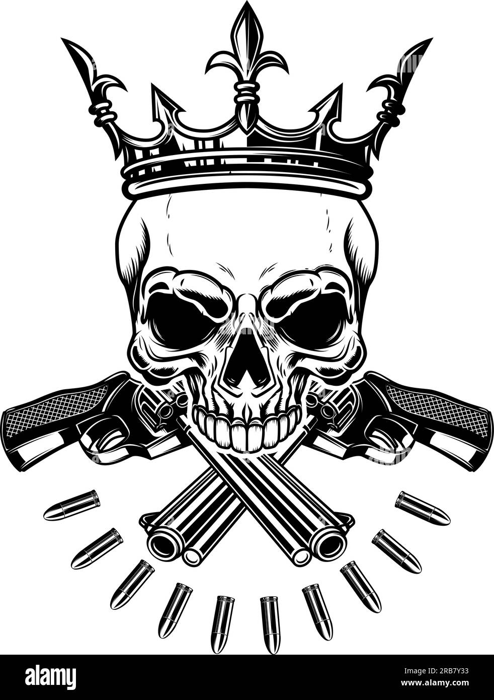 Abbildung des Schädels mit gekreuzten Revolvern und Königskrone. Designelement für Logo, Label, Schild, Emblem. Vektordarstellung, Abbildung von Th Stock Vektor