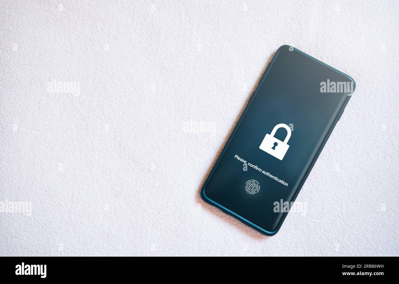 Banner eines Smartphones mit Fingerabdruck-Scan. Biometrisches Authentifizierungskonzept. Zugriff auf Kennwort über Fingerabdrücke. Technologie-Sicherheitssystem. Stockfoto