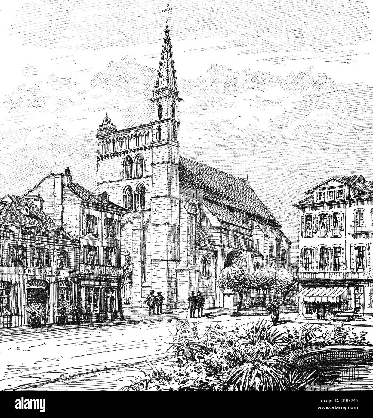 Eine Illustration der Eglise Saint-Vincent aus dem frühen 19. Jahrhundert in Bagnères-de-Bigorre, einer Gemeinde des Departements Hautes-Pyrénées in der Region Occitanie im Südwesten Frankreichs. Die Kirche aus dem 14. Jahrhundert ist im gotischen Stil an der Westfassade, während der Südeingang durch seine halbkreisförmige Veranda im Renaissance-Stil charakterisiert ist. Stockfoto