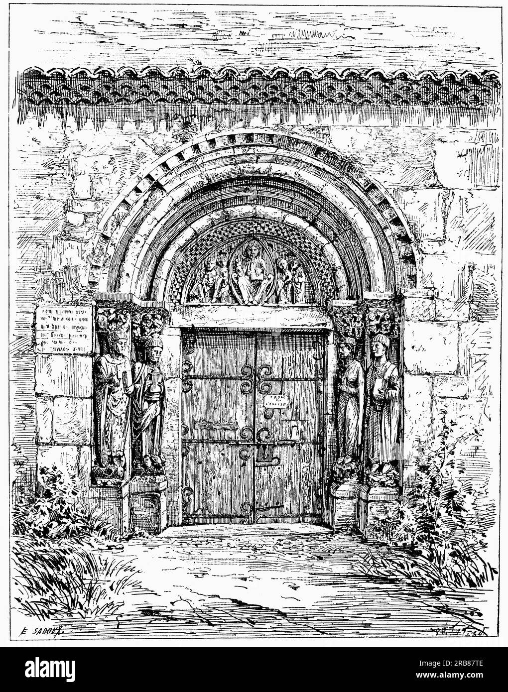 Eine Illustration aus dem frühen 19. Jahrhundert einer romanischen Tür zur ehemaligen römisch-katholischen Kathedrale, die zwischen dem 12. Und 16. Jahrhundert in Saint-Bertrand-de-Comminges, Haute-Garonne, Südwestfrankreich, errichtet wurde. Es war der Sitz der antiken Diözese der Gemeine. Stockfoto