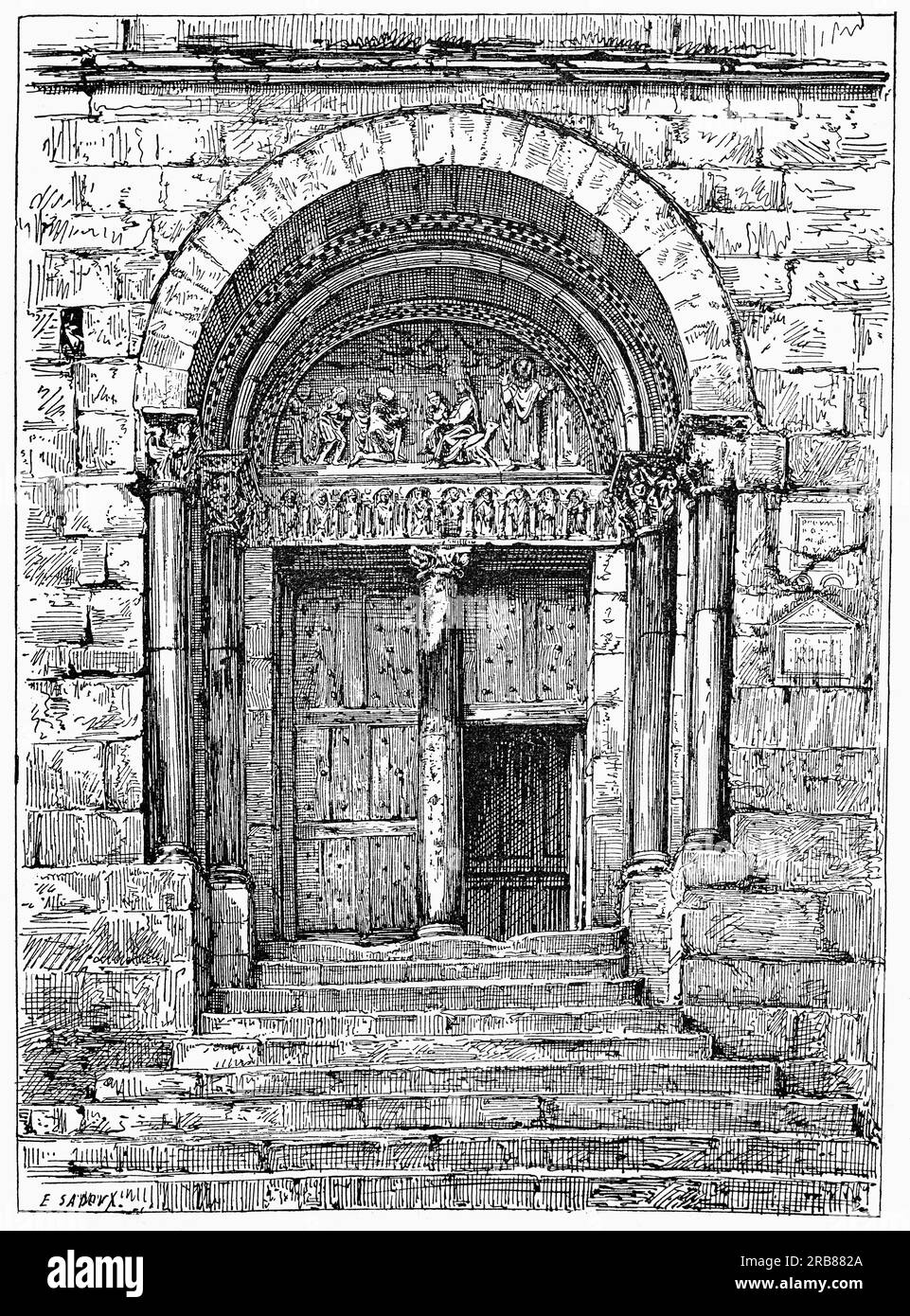 Eine Illustration aus dem frühen 19. Jahrhundert einer romanischen Tür zur ehemaligen römisch-katholischen Kathedrale, die zwischen dem 12. Und 16. Jahrhundert in Saint-Bertrand-de-Comminges, Haute-Garonne, Südwestfrankreich, errichtet wurde. Es war der Sitz der antiken Diözese der Gemeine. Stockfoto