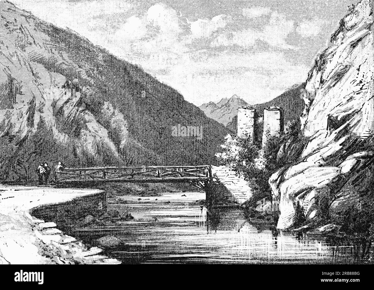Eine Illustration aus dem späten 19. Jahrhundert der alten Pont-du-ROI oder King's Bridge, einer Grenzüberquerung über die Garonne, die das Val d'Aran in Spanien mit dem Departement Haute-Garonne in Frankreich verbindet. Stockfoto
