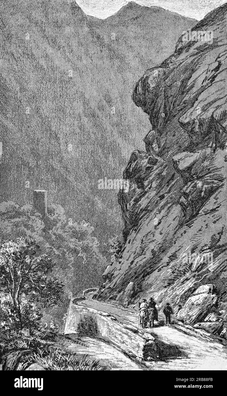 Eine Illustration des Col du Portillon aus dem späten 19. Jahrhundert, ein Gebirgspass in den Pyrenäen an der Grenze zwischen Frankreich und Spanien. Es verbindet Bagnères-de-Luchon im Departement Haute-Garonne in der Region Occitanie im Südwesten Frankreichs mit Bossòst im Val d'Aran, Spanien. Stockfoto