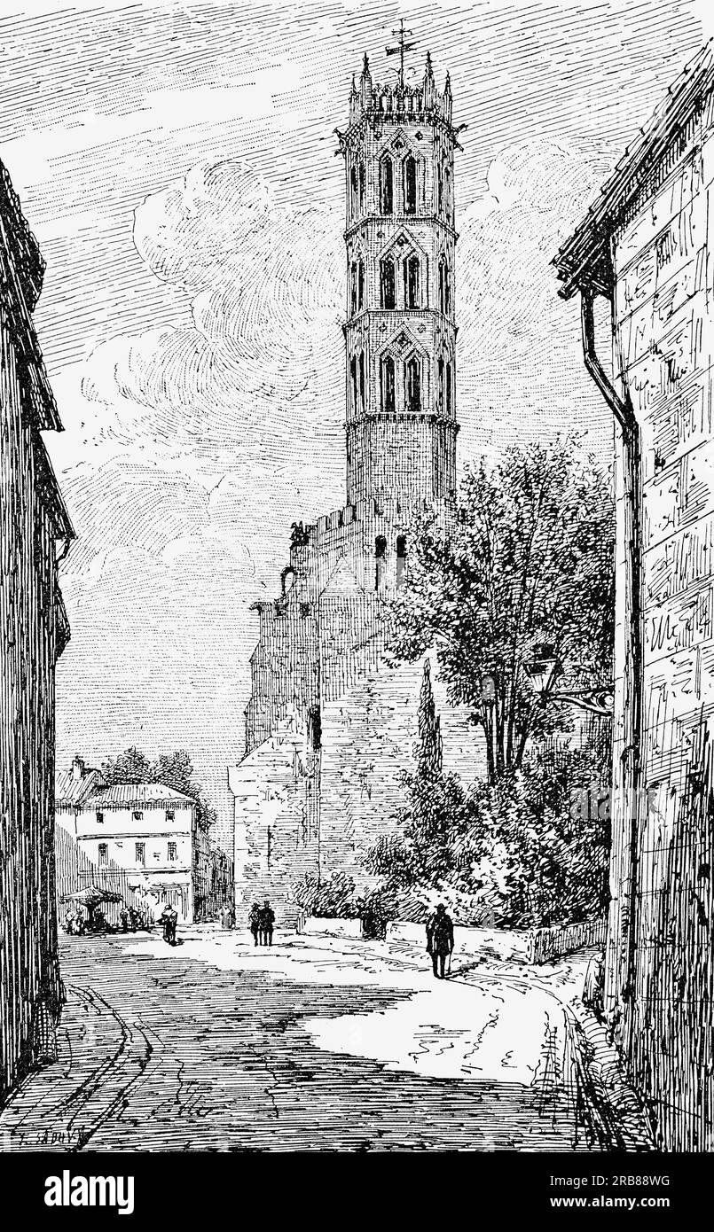 Eine Illustration der Kathedrale aus dem späten 19. Jahrhundert in der Stadt Pamiers im Departement Ariège der Region Occitanie, Frankreich. Erbaut in der südfranzösischen gotischen Architekturtradition, die ursprüngliche Kirche stammt aus dem 12. Jahrhundert. Die Religionskriege im 16. Jahrhundert verursachten in der Stadt großen Schaden, da nur noch der Glockenturm übrig blieb, der als Wachturm genutzt werden konnte. Stockfoto