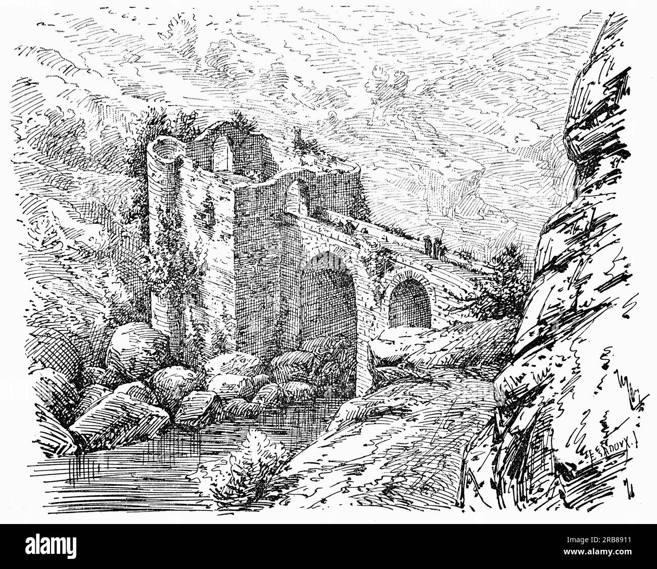 Eine Illustration aus dem späten 19. Jahrhundert der Saint-Antoine-Brücke, auch bekannt als Teufelsbrücke, über dem Fluss Ariège im Departement Ariège im Südwesten Frankreichs, zwischen Foix und Tarascon-sur-Ariège. Man glaubte an frühere Zeiten, die im 13. Jahrhundert gebaut wurden, wurde es tatsächlich 1836 erbaut. Stockfoto