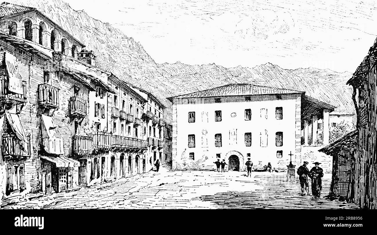 Eine Illustration des La Place aus dem späten 19. Jahrhundert in Andorra la Vella, der Hauptstadt des Fürstentums Andorra. Es liegt hoch oben in den östlichen Pyrenäen, zwischen Frankreich und Spanien. Es ist auch der Name der Gemeinde, die die Hauptstadt umgibt. Stockfoto