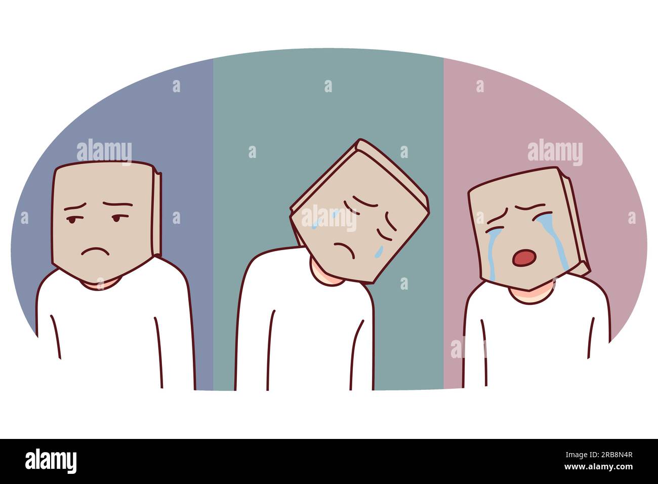 Der Kopf einer Person in einem Papierbeutel leidet unter psychischen psychischen Problemen. Der Mensch versteckt Emotionen, die von Depressionen oder einem niedrigen Selbstwertgefühl kämpfen. Emotionale Instabilität. Vektorgrafik. Stock Vektor