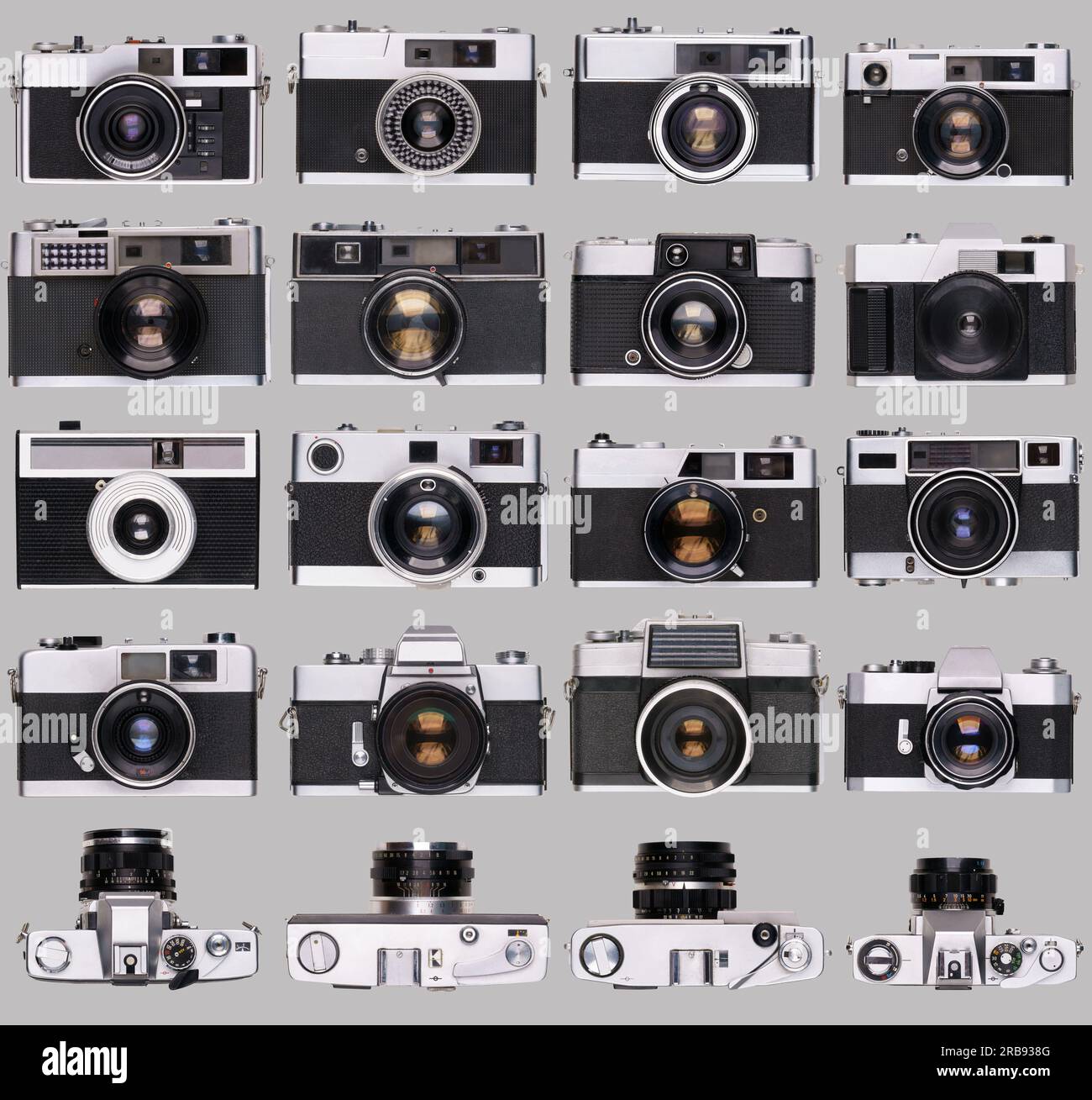 Alte Filmkamerasammlung isoliert auf grauem Hintergrund Stockfoto