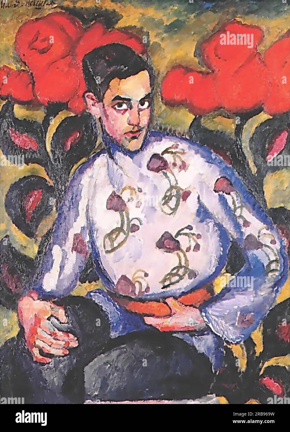 Porträt eines Jungen in einem bestickten Hemd 1909 von Ilja Maschkow Stockfoto