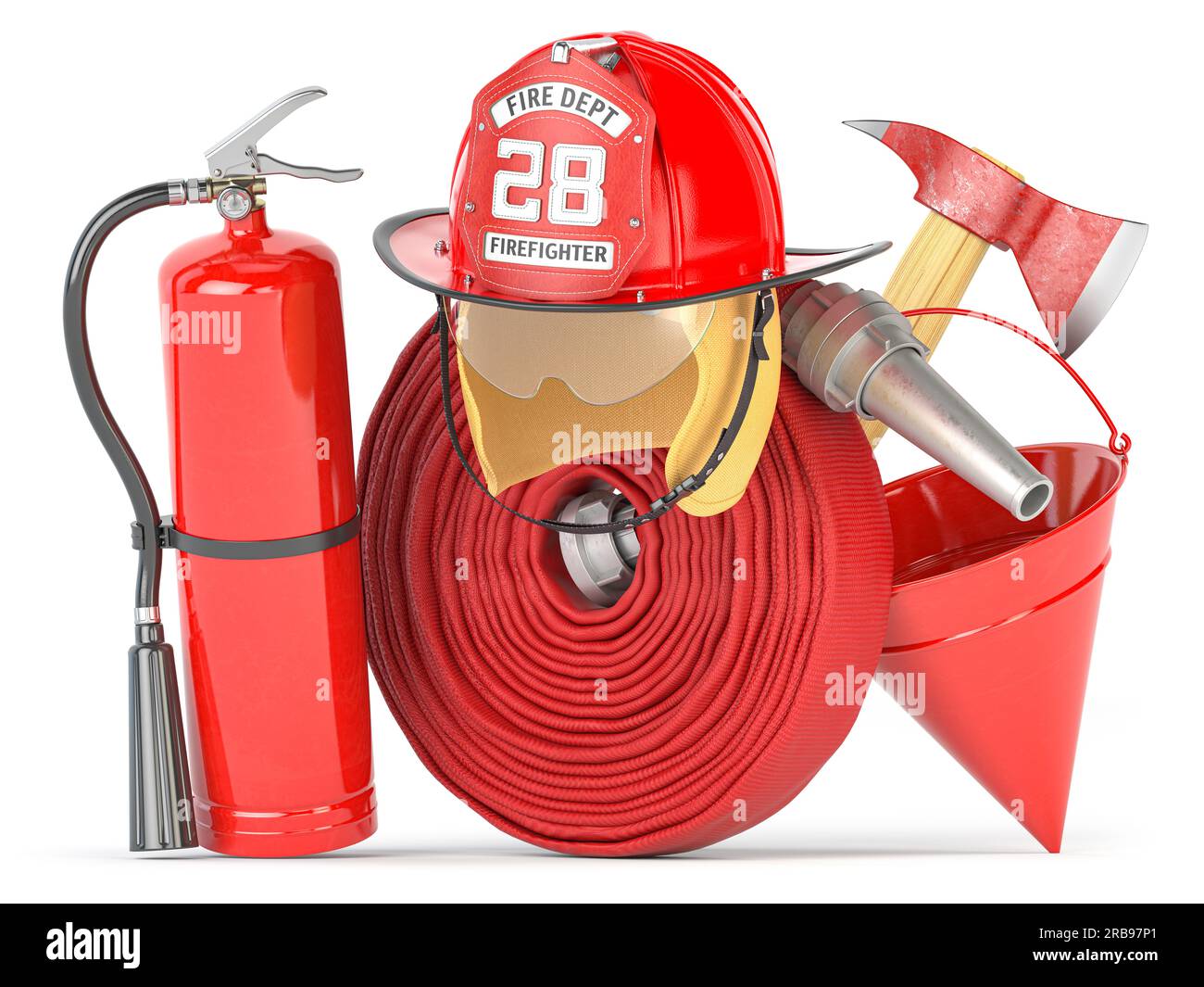 Ausrüstung und Werkzeuge für Feuerwehrleute. Feuerwehrschlauch, Feuerhelm, Feuerlöscher und Axt, Symbole für den Beruf der Feuerwehr. 3D Abbildung Stockfoto