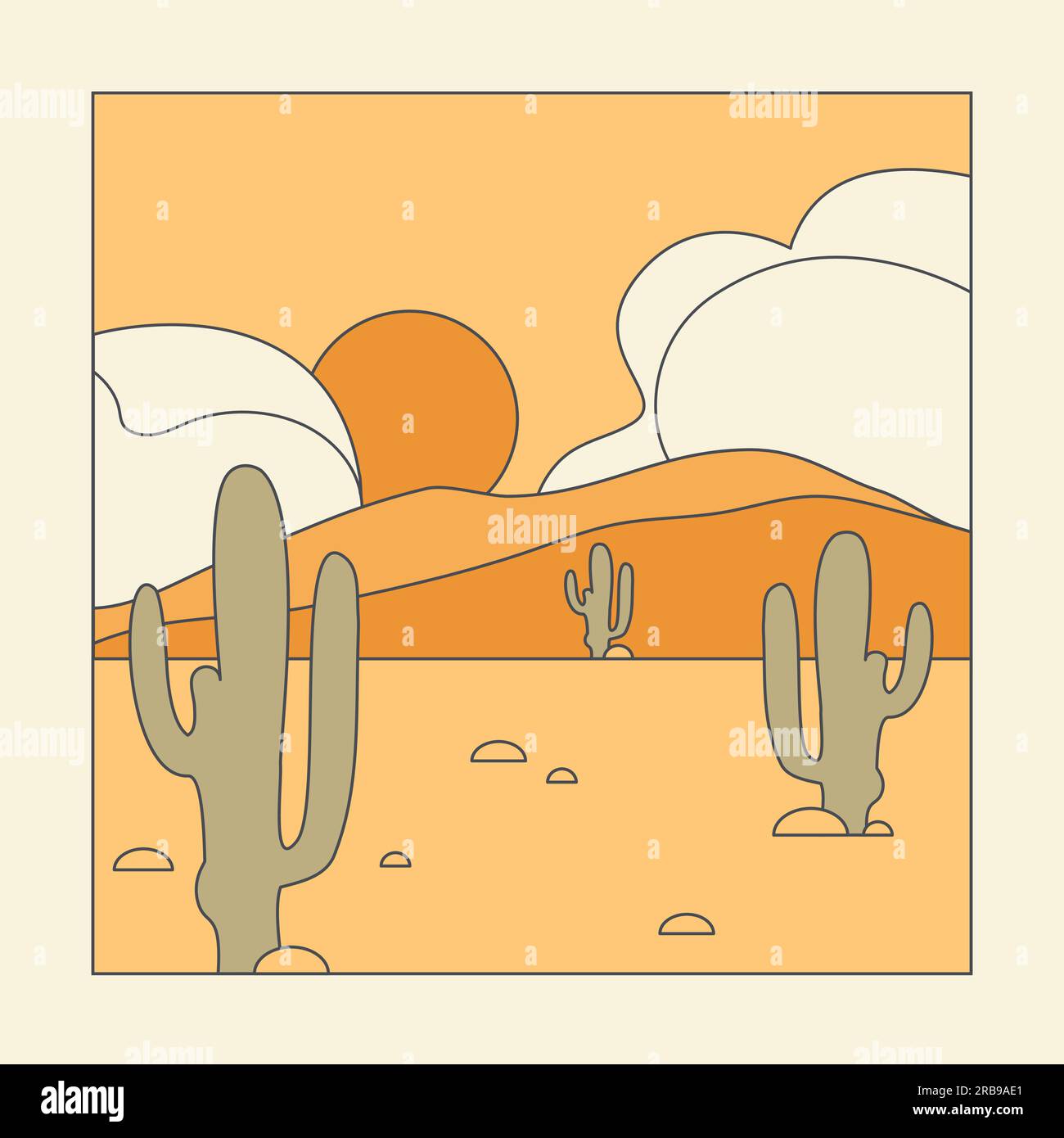 Minimalistische ästhetische Darstellung mit Kaktus in der Wüste Stock Vektor