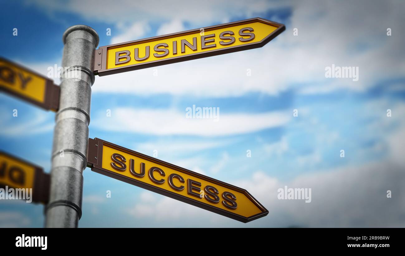 Business, Strategie und Erfolg Schild gegen den blauen Himmel. 3D-Darstellung. Stockfoto