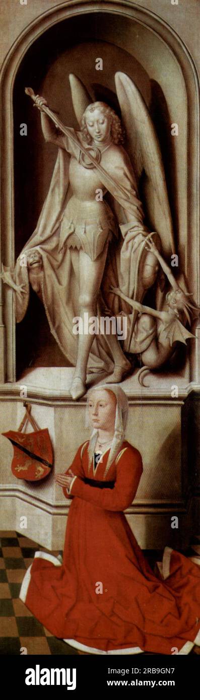 Das jüngste Gericht Triptych, rechter Flügel, Gebetspender Catherine Tanagli mit Erzengel Michael 1471 von Hans Memling Stockfoto