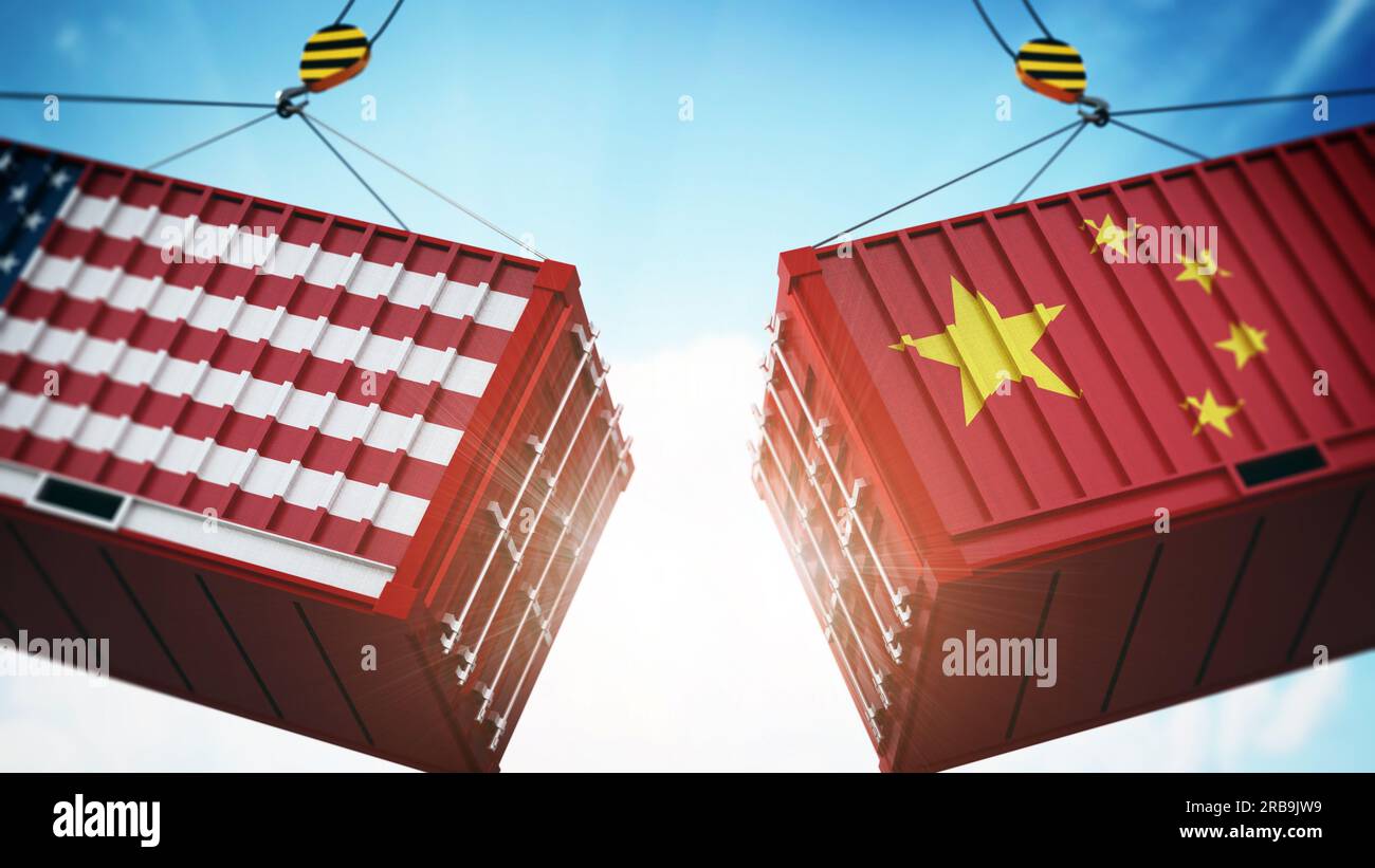 Handelskriege Konzept mit amerikanischen und chinesischen Flagge texturierte Cargo Container überschneiden. 3D-Darstellung. Stockfoto