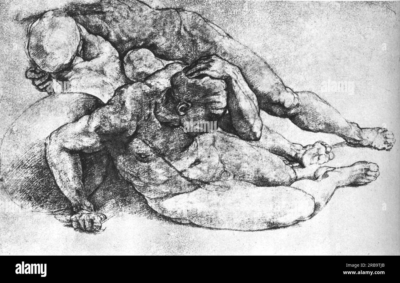 Untersuchung von drei männlichen Figuren (nach Raphael) c.1530; Italien von Michelangelo Stockfoto