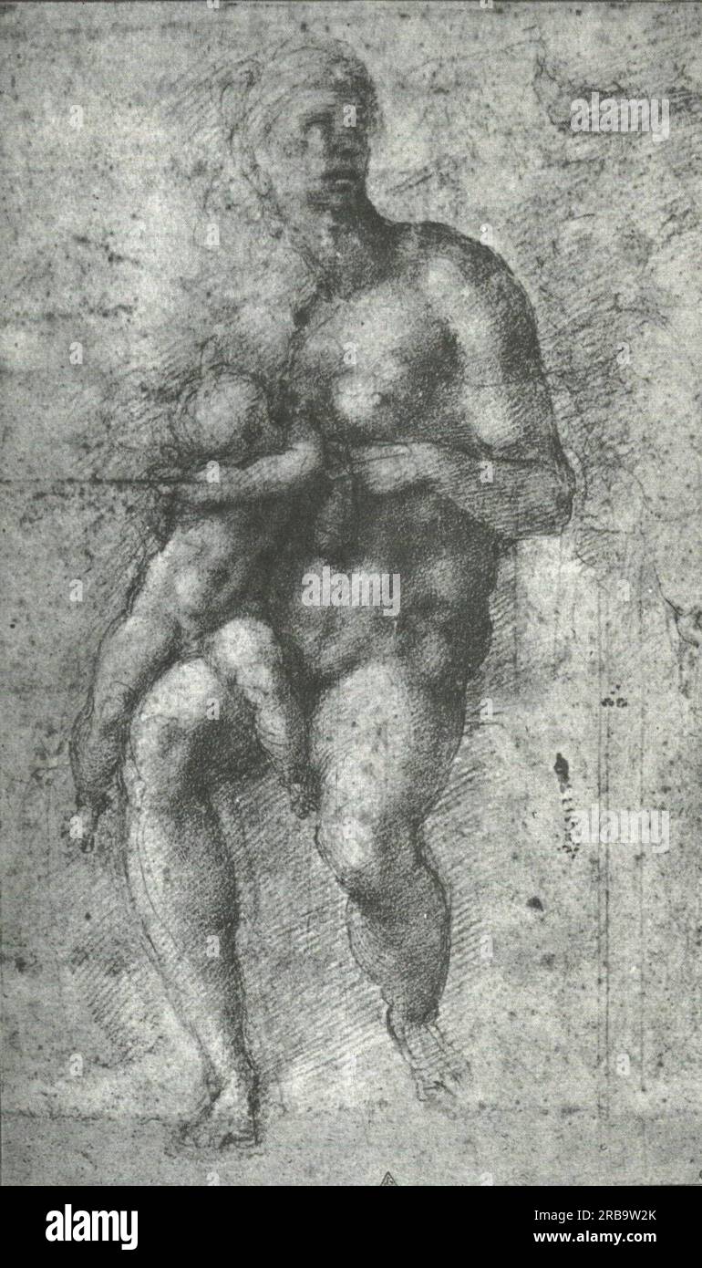 Studium für eine „Heilige Familie mit dem Kleinkind St. John“ 1534; Rom, Italien, von Michelangelo Stockfoto