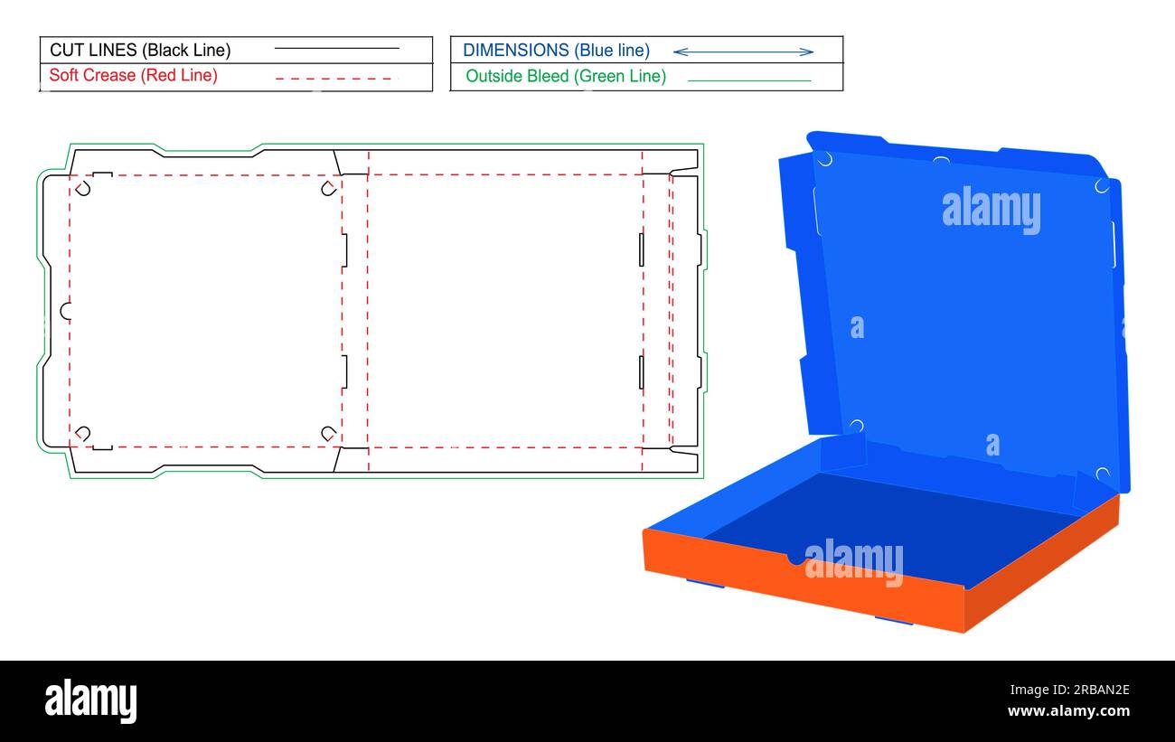 Illustration der individuellen Pizzakarton. Pizzaschachtel, die-Line-Vorlage und 3D-Box-Vektordarstellung Stock Vektor