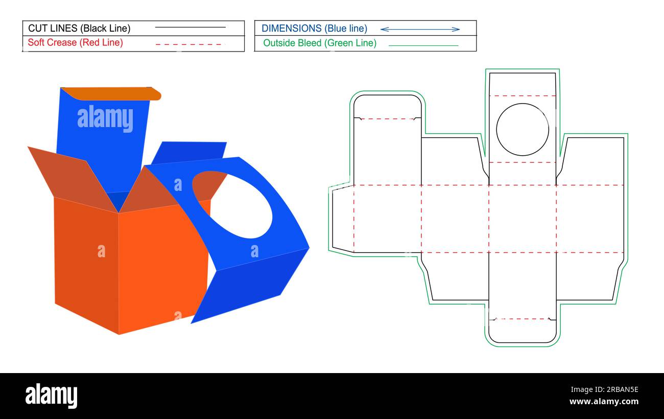Skalierbar und bearbeitbar Endbox umkehren Dieline- und Verpackungsdesign-Vorlage, gestanzt und 3D-Vektor-Renderbox Stock Vektor