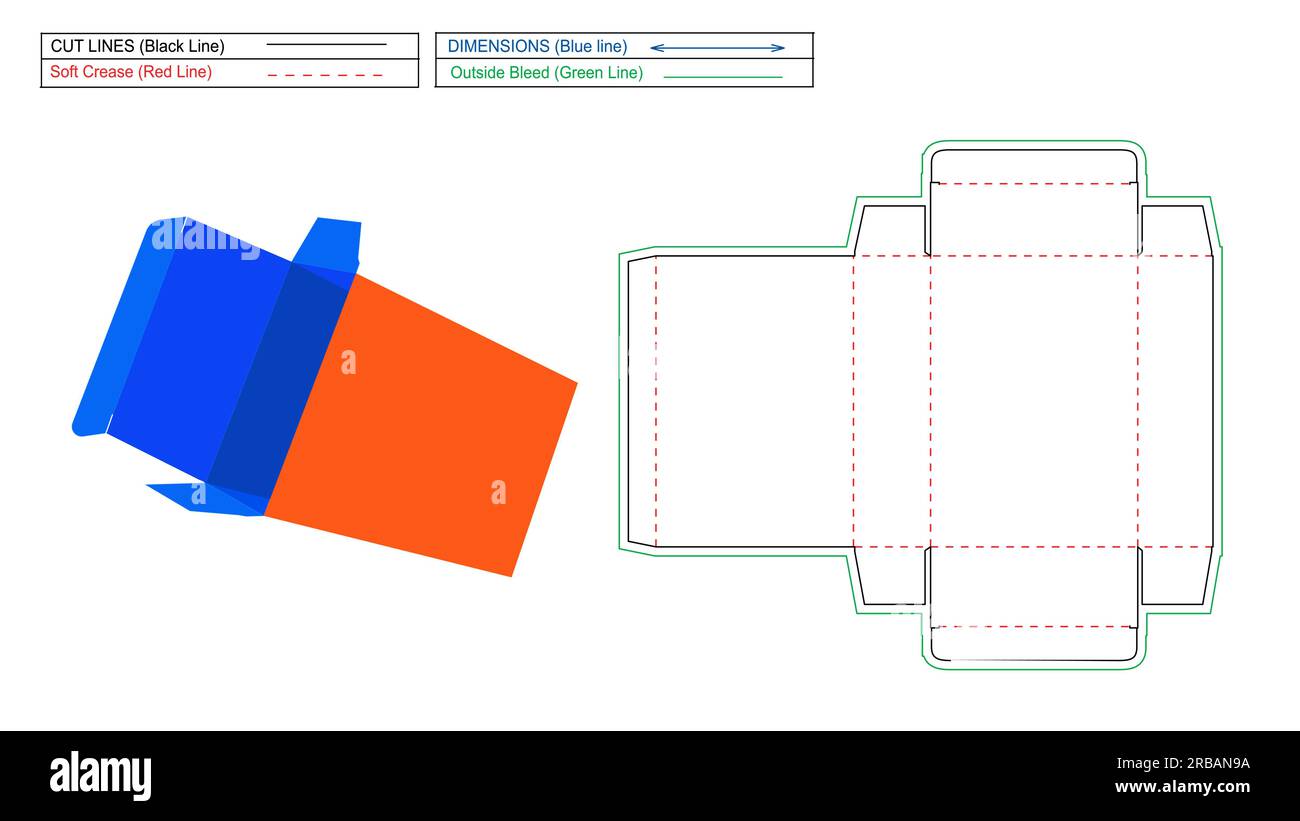 Produktbox mit gerader Tuck-Endbox, skalierbare Matrizenvorlage und Vektor-3D-Rendering. Stock Vektor