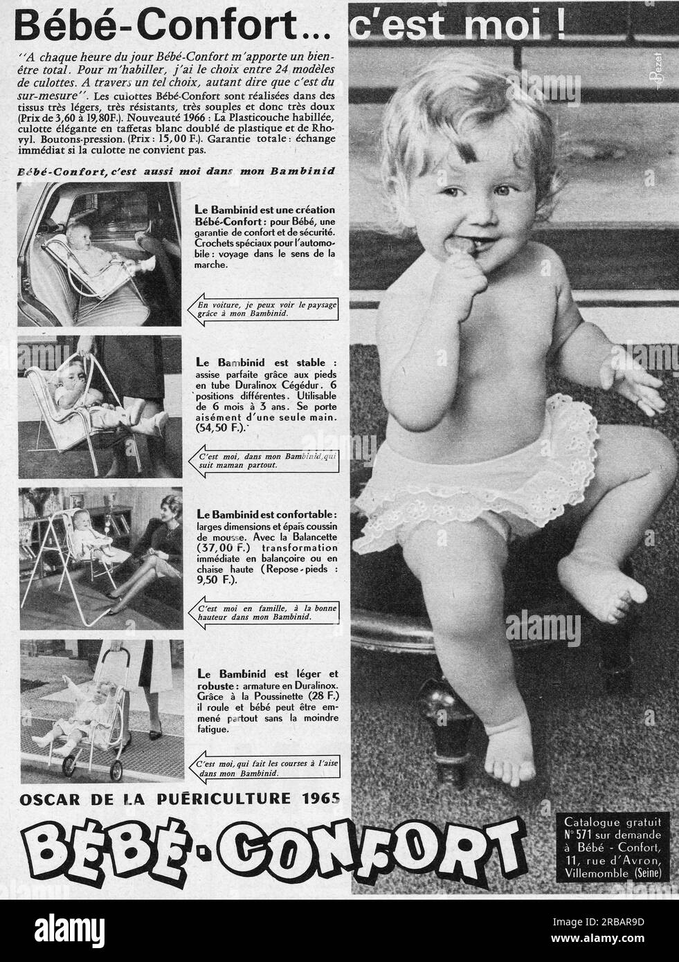 Bébé-Confort Kinderwagen-Gerätewerbung in einer französischen Zeitschrift 1965 Stockfoto