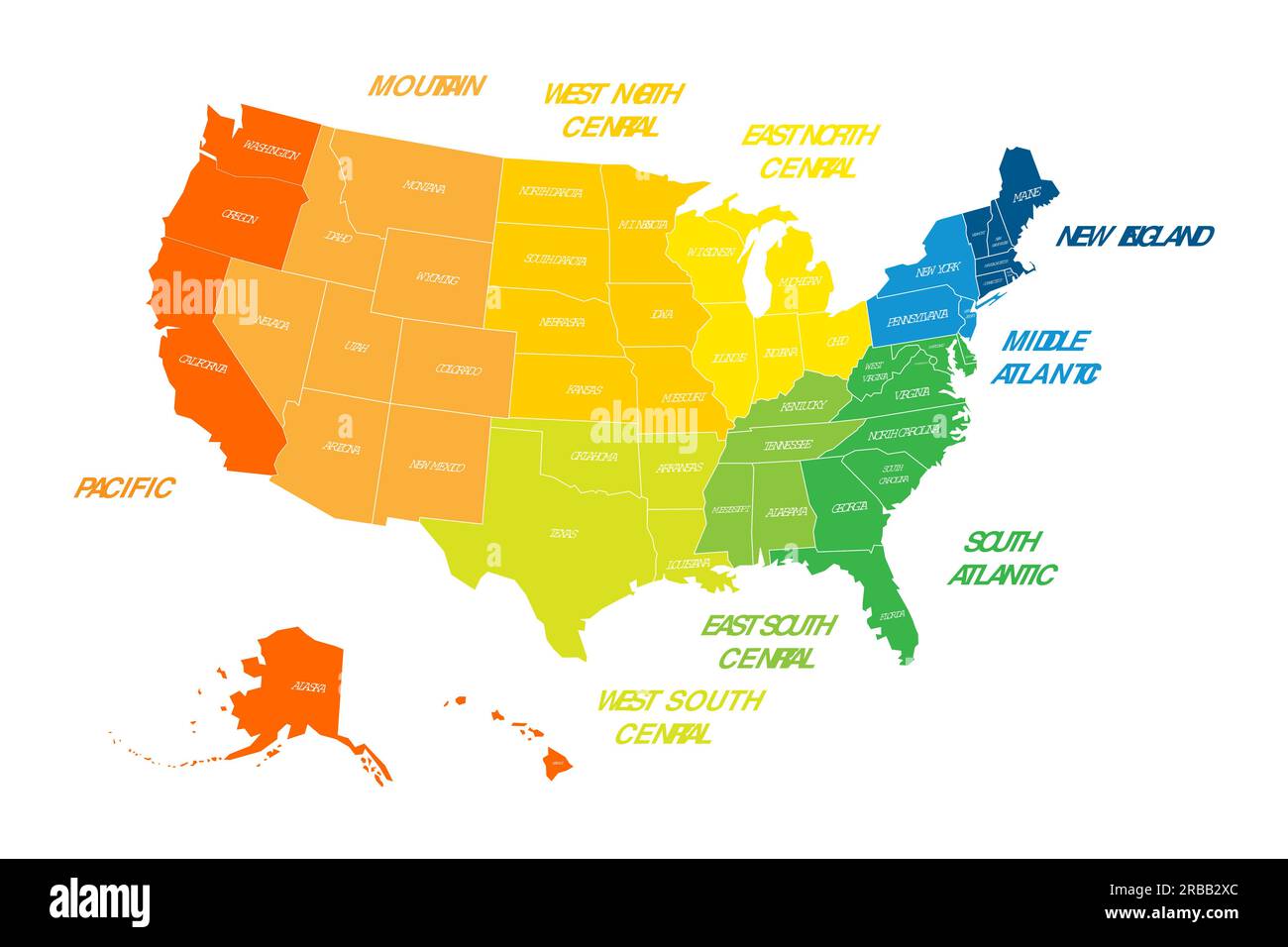 Regionen und Abteilungen der Vereinigten Staaten – statistische Einheiten, die vom US Census Bureau definiert werden. Farbenfrohe Vektorkarte. Stock Vektor