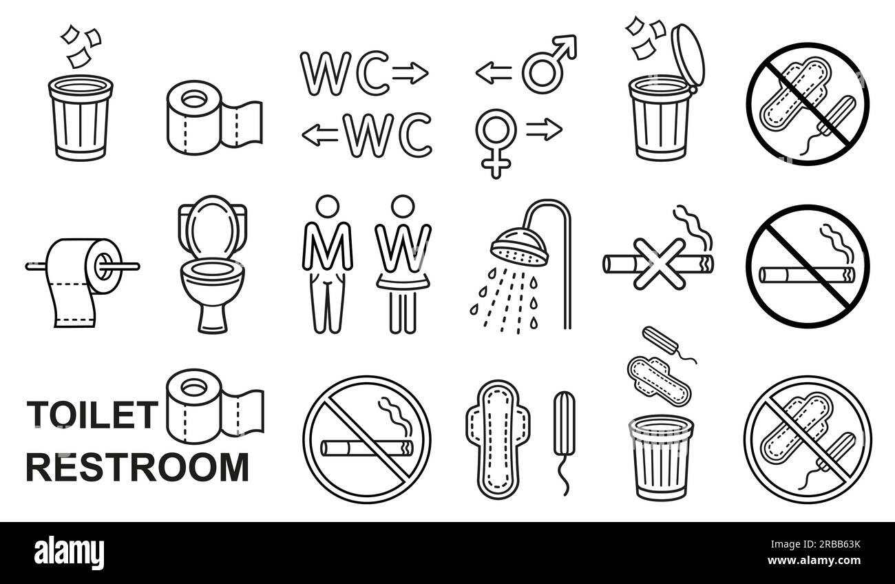 Öffentliche Toilette, Männer- und Frauentoilette, Duschraum, Papiertuchhandtuch Symbolset. Werfen Sie Müll in den Mülleimer. Hygienepad. Kein Rauchervektor Stock Vektor